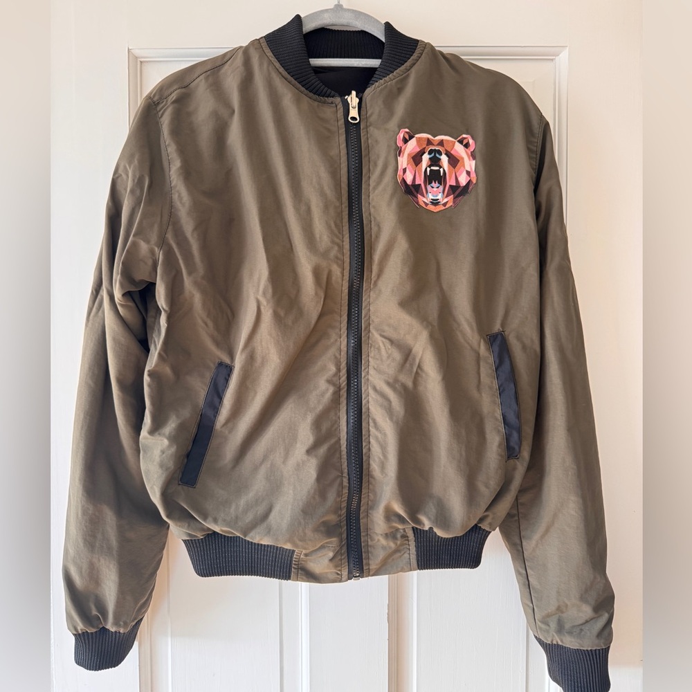 Olive Bomber Jacket With Bear Patch - image 1